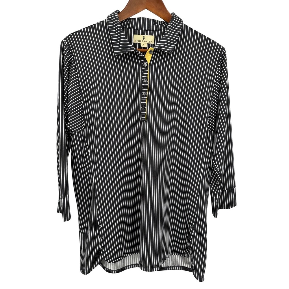 Sport Haley Charcoal Gray Pinstripe Golf Polo Shirt 3/4 Sleeves Women's Large
